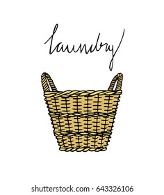 Vector illustration of hand drawn wicker basket with laundry.  Ink drawing, graphic style. Beautiful household design elements.