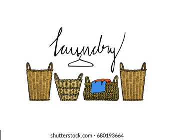 Vector illustration of hand drawn wicker basket with laundry.  Ink drawing, graphic style. Beautiful household design elements.