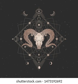 Vector illustration with hand drawn Wild ram skull and Sacred geometric symbol on black vintage background. Abstract mystic sign. Gold linear shape. For you design and magic craft.