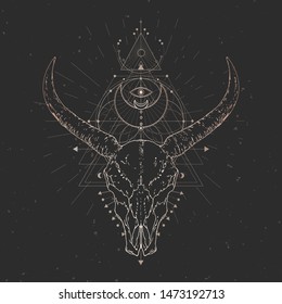 Vector illustration with hand drawn Wild buffalo skull and Sacred geometric symbol on black vintage background. Abstract mystic sign. Gold linear shape. For you design and magic craft.