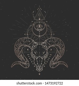 Vector illustration with hand drawn Wild ram skull and Sacred geometric symbol on black vintage background. Abstract mystic sign. Gold linear shape. For you design and magic craft.