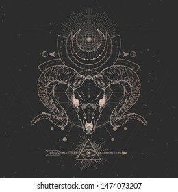 Vector illustration with hand drawn Wild ram skull and Sacred geometric symbol on black vintage background. Abstract mystic sign. Gold linear shape. For you design and magic craft.