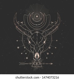 Vector illustration with hand drawn Wild buffalo skull and Sacred geometric symbol on black vintage background. Abstract mystic sign. Gold linear shape. For you design and magic craft.