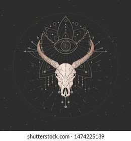 Vector illustration with hand drawn Wild buffalo skull and Sacred geometric symbol on black vintage background. Abstract mystic sign. Gold linear shape. For you design and magic craft.