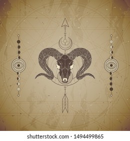 Vector illustration with hand drawn wild ram skull and Sacred geometric symbol on vintage paper background. Abstract mystic sign. Sepia linear shape. For you design or magic craft.