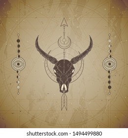 Vector illustration with hand drawn wild buffalo skull and Sacred geometric symbol on vintage paper background. Abstract mystic sign. Sepia linear shape. For you design or magic craft.
