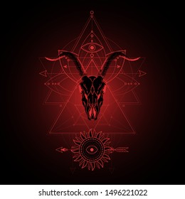 Vector illustration with hand drawn wild goat skull and Sacred geometric symbol on black background. Abstract mystic sign. Red linear shape. For you design, tattoo or magic craft.