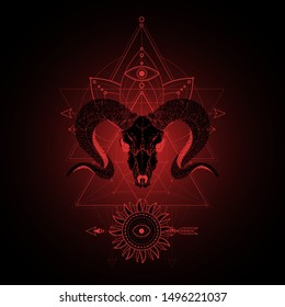 Vector illustration with hand drawn wild ram skull and Sacred geometric symbol on black background. Abstract mystic sign. Red linear shape. For you design, tattoo or magic craft.