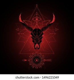 Vector illustration with hand drawn wild buffalo skull and Sacred geometric symbol on black background. Abstract mystic sign. Red linear shape. For you design, tattoo or magic craft.