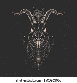 Vector illustration with hand drawn Wild goat skull and Sacred geometric symbol on black vintage background. Abstract mystic sign. Gold linear shape. For you design and magic craft.