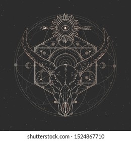 Vector illustration with hand drawn Wild buffalo skull and Sacred geometric symbol on black vintage background. Abstract mystic sign. Gold linear shape. For you design and magic craft.