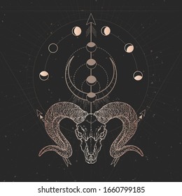 Vector illustration with hand drawn Wild ram skull and Sacred geometric symbol on black vintage background. Abstract mystic sign. Gold linear shape. For you design and magic craft.