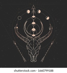 Vector illustration with hand drawn Wild buffalo skull and Sacred geometric symbol on black vintage background. Abstract mystic sign. Gold linear shape. For you design and magic craft.