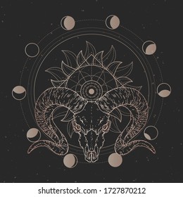 Vector illustration with hand drawn wild ram skull and Sacred geometric symbol on black vintage background. Gold linear shape.