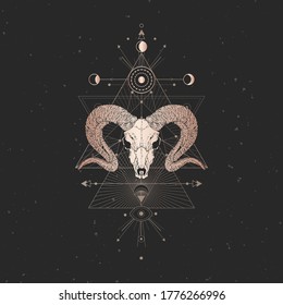 Vector illustration with hand drawn Wild ram skull and Sacred geometric symbol on black vintage background. Abstract mystic sign. Gold linear shape. 