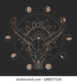 Vector illustration with hand drawn Wild buffalo skull and Sacred geometric symbol on black vintage background. Abstract mystic sign. Gold linear shape.