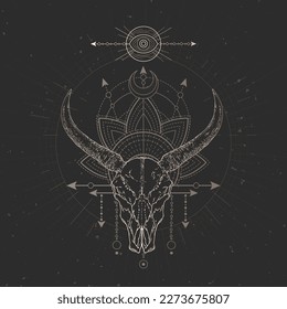 Vector illustration with hand drawn Wild buffalo skull and Sacred geometric symbol on black vintage background. Abstract mystic sign. Gold linear shape.