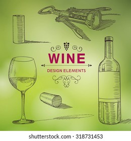 Vector Illustration of Hand Drawn Wine Design Elements