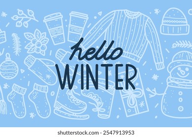 Vektorgrafik handgezeichneter winterblauer Hintergrund mit Schriftzug Hallo Winter zu Weihnachten, Karten, Banner, Poster, Drucke, Grußkarte