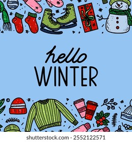 Ilustración vectorial dibujado a mano fondo azul de invierno con letras Hola Invierno para Navidades, tarjetas, Anuncio, cartel, impresiones, tarjeta de felicitación