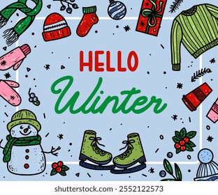 Vector illustration hand drawn winter blue background with lettering Hello Winter for Christmas, cards, banner, poster, prints, greeting card