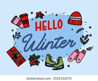 Vector illustration hand drawn winter blue background with lettering Hello Winter for Christmas, cards, banner, poster, prints, greeting card