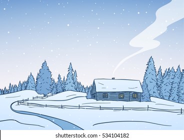 Vector illustration: Hand drawn  winter landscape with small house in pine forest. Christmas postcard. 
