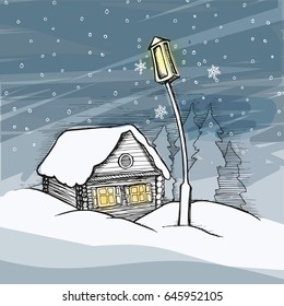 Vector illustration: Hand drawn winter landscape with small house under lantern in pine forest. Christmas postcard.