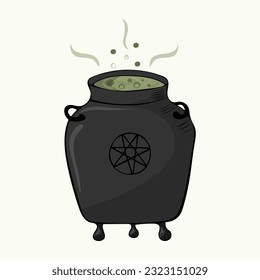 Vector illustration of a hand drawn witch s cauldron with a green potion and bubbles