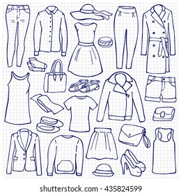 Vector illustration of hand drawn woman clothes and accessories elements on squared paper