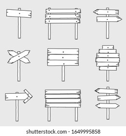 Vector illustration of hand drawn wooden direction sign set.