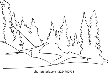 Vector illustration: Hand drawn Woodland landscape. Sketch with pine forest.