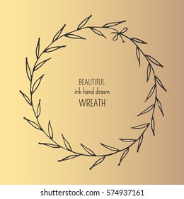 Vector illustration with hand drawn wreath on gold background, can use for greeting, post cards, template