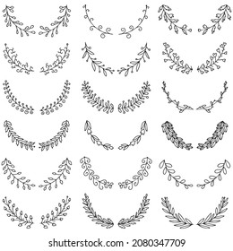 Vektorgrafik von handgezeichneten Kränzen. Geradliniger Blütenrahmen für die Doodle.