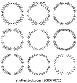 Vector illustration of hand drawn wreaths. Cute doodle floral wreath frame set.