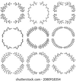 Vector illustration of hand drawn wreaths. Cute doodle floral wreath frame set.