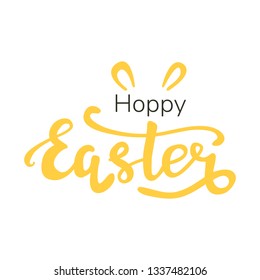 vector illustration. hand drawn yellow lettering hoppy easter witg rabbit ears.