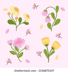 Ilustración vectorial dibujado a mano color amarillo y morado conjunto de iconos de flores primavera. Es perfecto para tapicería, decoración, fondo y motivos.