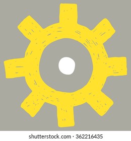 vector illustration of hand drawn yellow cogwheel on gray background