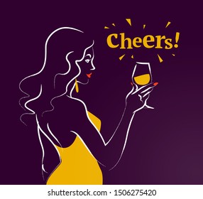 Vector illustration of hand drawn young beautiful lady hold wine glass isolated on dark background. Sketch minimal style. Concept for ladies night party, bar, happy cocktail hour, bar restaurant logo.