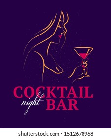 Vector Illustration Of Hand Drawn Young Beautiful Lady Hold Wine Glass Isolated On Dark Background. Sketch Minimal Style. Concept For Ladies Night Party, Bar, Happy Cocktail Hour, Bar Restaurant Logo.