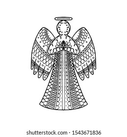 Vector illustration of hand drawn zentangle angel. New year coloring page book antistress