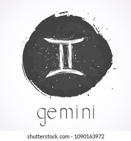 Vector illustration with Hand drawn Zodiac sign GEMINI on a grunge ink background. Monochrome.