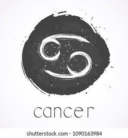 Vector illustration with Hand drawn Zodiac sign CANCER on a grunge ink background. Monochrome.