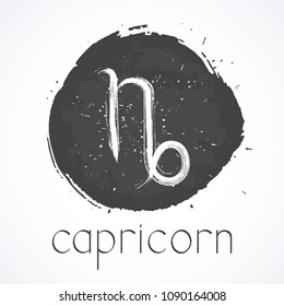 Vector illustration with Hand drawn Zodiac sign CAPRICORN on a grunge ink background. Monochrome.