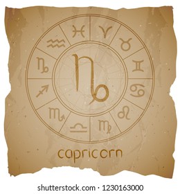 Vector illustration with hand drawn Zodiac sign AQUARIUS on a grunge old background with torn edge. 