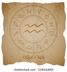 Vector illustration with hand drawn Zodiac sign AQUARIUS on a grunge old background with torn edge. 