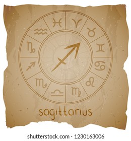 Vector illustration with hand drawn Zodiac sign SAGITTARIUS on a grunge old background with torn edge. 