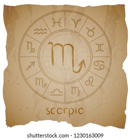 Vector illustration with hand drawn Zodiac sign SCORPIO on a grunge old background with torn edge. 