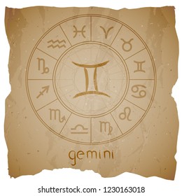 Vector illustration with hand drawn Zodiac sign GEMINI on a grunge old background with torn edge. 
